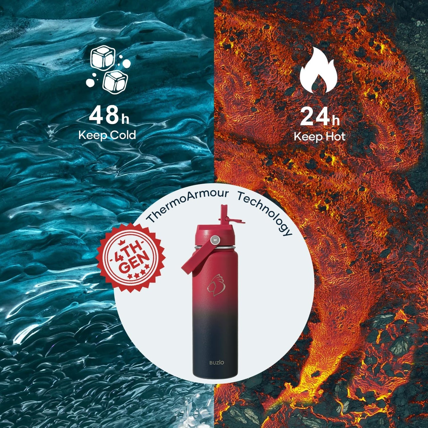 BUZIO 40oz Insulated Water Bottle, Triple Wall Vacuum Stainless Steel Water Flask with 2 lids, Lead-Free BPA-Free Straw Lid Sports Canteen Jug, Cold 48H & Hot 24H- Black - Colors B