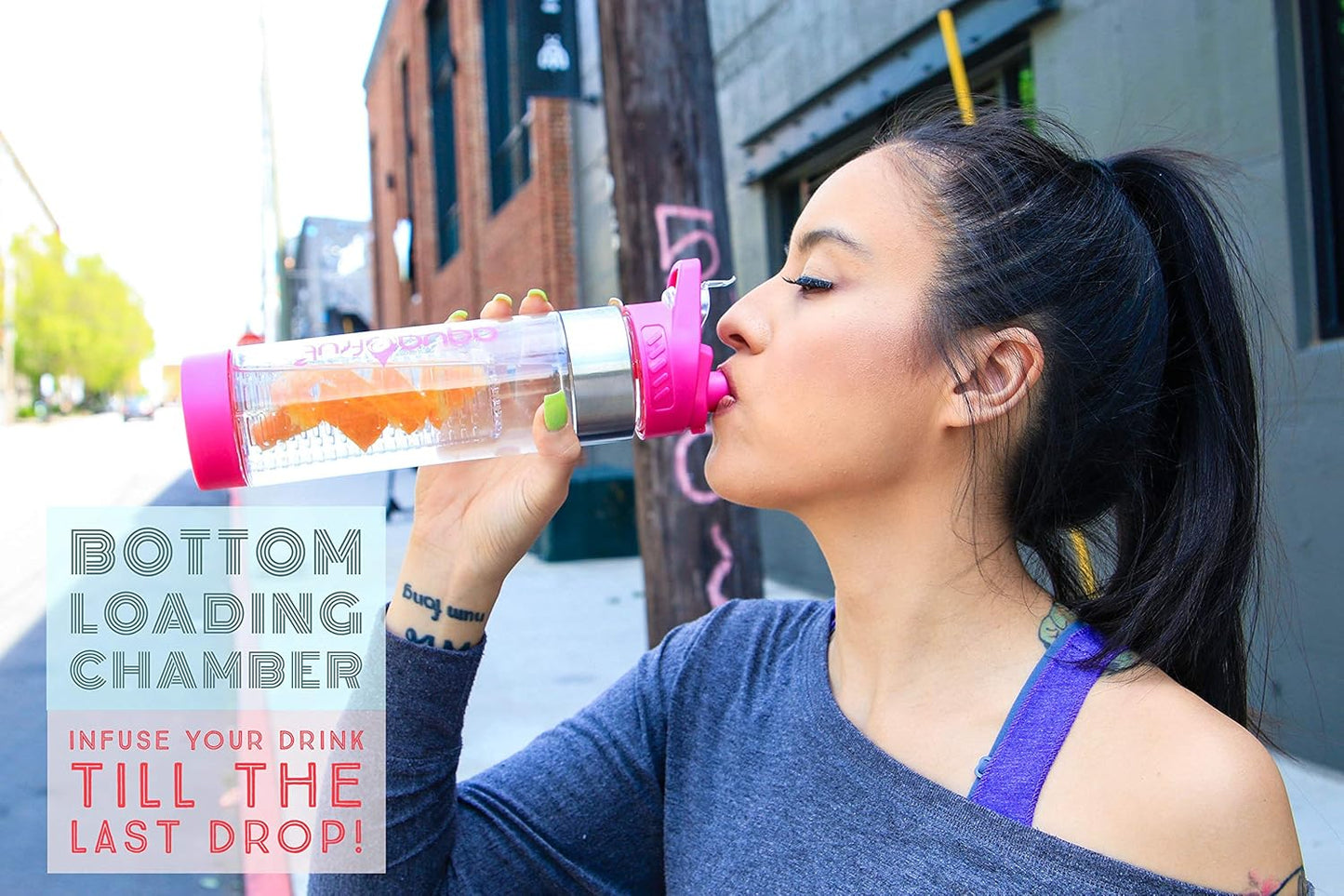 NEW AquaFrut Bottom Loading Fruit Infuser Water Bottle - BPA Free Tritan Plastic - Leak Proof - 24 OZ - Infusion Recipe eBook (Purple)