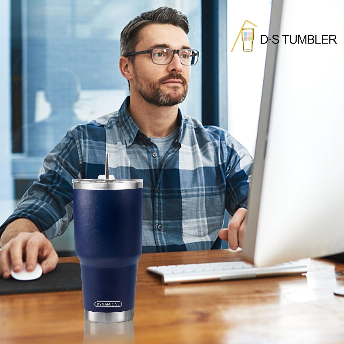 D·S 30oz Blue Tumbler Stainless Steel Double Wall Vacuum Insulated Mug with Straw and Lid, Cleaning Brush for Cold and Hot Beverages
