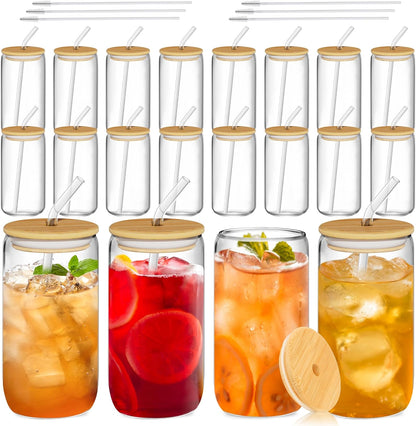12 Pcs Glass Cups with Bamboo Lids and Straws - 16oz Glass Tumbler, Iced Coffee Cup, Can Shaped Drinking Glasses for Coffee, Tea, Smoothie, Juice, Cocktail Include 2 Cleaning Brushes
