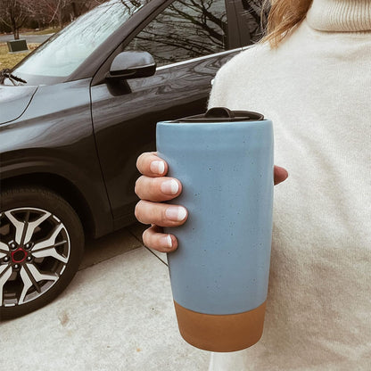 Mora Double Wall Ceramic Coffee Travel Mug with Lid, 14 oz, Portable, Microwave, Dishwasher Safe, Insulated Reusable Tall Cup, Splash Resistant Lid - To Go Tumbler for Car Cup Holder, Nightwaves