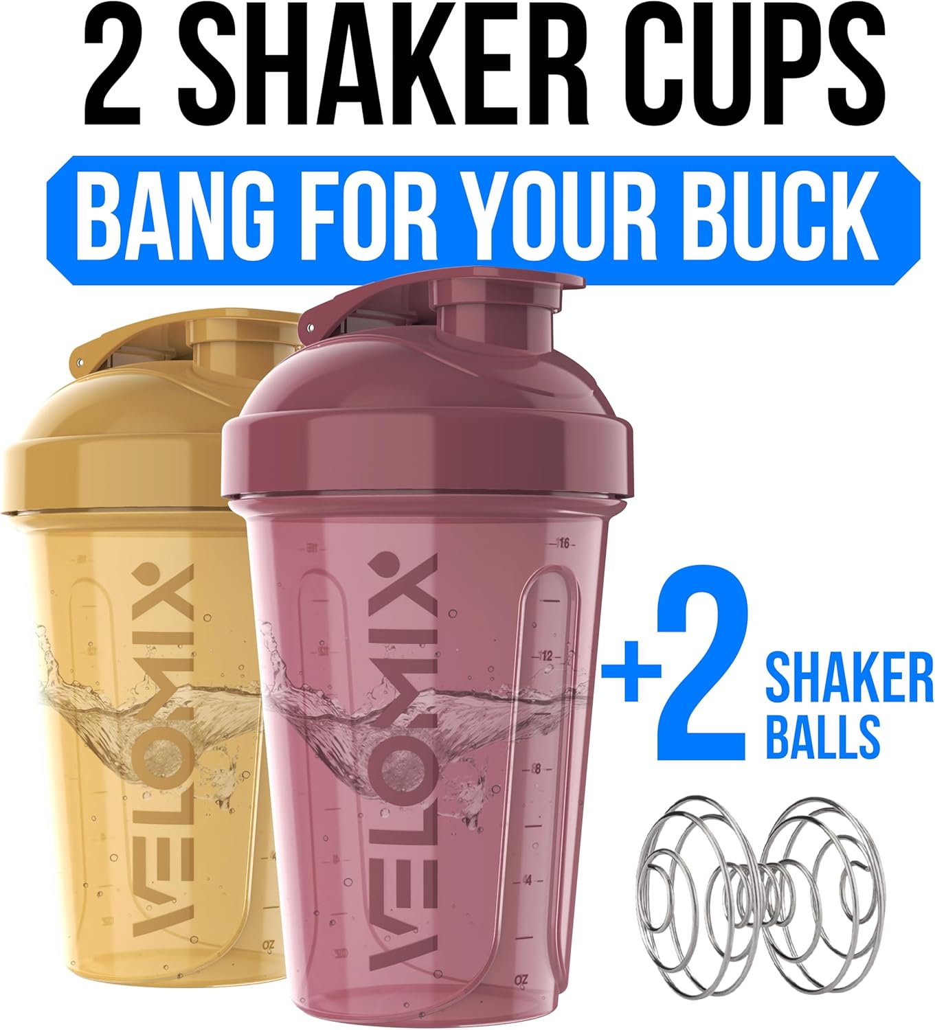 VELOMIX -2 Pack- 20 oz Protein Shaker Bottles for Protein Mixes - 2x Wire Whisk | Leak Proof Shaker Cups for Protein Shakes and Pre Workout | Protein Shaker Bottle Pack (Black/Transparent)