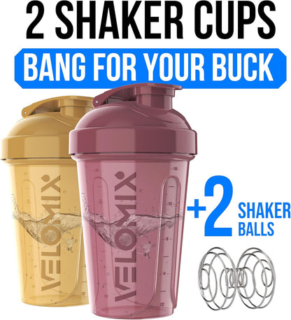VELOMIX -2 Pack- 20 oz Protein Shaker Bottles for Protein Mixes - 2x Wire Whisk | Leak Proof Shaker Cups for Protein Shakes and Pre Workout | Protein Shaker Bottle Pack (Black/Transparent)