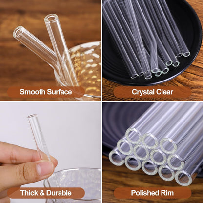 Antner 12 Pack Reusable Glass Straw, 8.5" x 10MM Bent Clear Glass Drinking Straws for Hot & Cold Drinks, 2 Cleaning Brushes Included