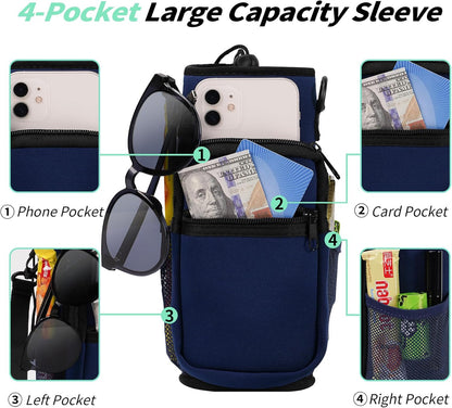AceTreker 32/40/64/87/128 oz Water Bottle Carrier Bag, Neoprene Water Bottle Sleeve with 4 Pocket, Sport Water Holder with Paracord Handle and Shoulder Strap for Walking Hiking Camping Gym