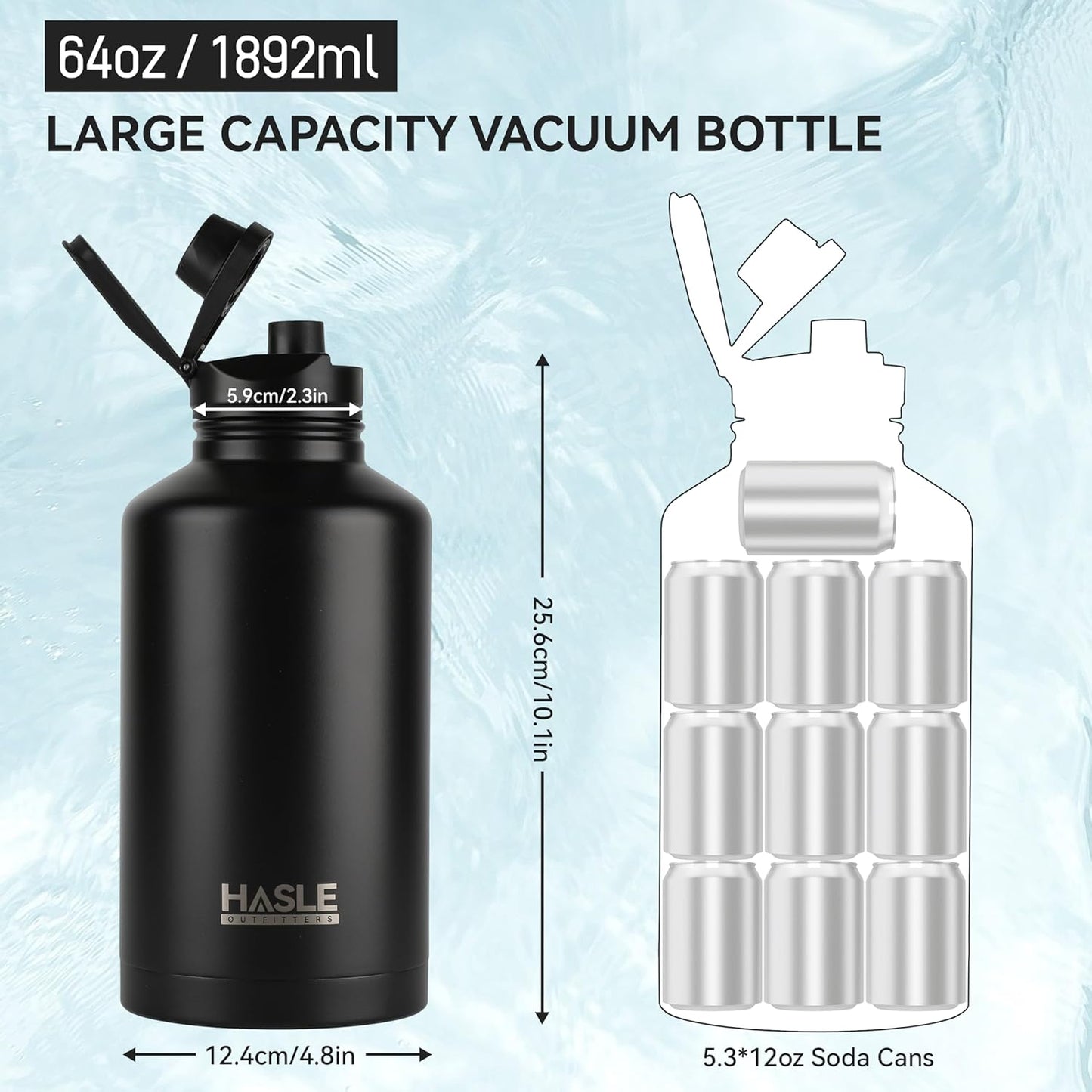 HASLE OUTFITTERS 32 oz Insulated Water Bottle Stainless Steel Double Walled Vacuum Sports Water Bottle with 2 Lids (Straw and Spout Lid) for Gym Camping Hiking(Black,1)