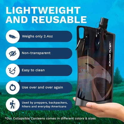 Survivor Filter Clear Collapsible Water Bottles - Travel, Hiking, Foldable, BPA-Free - 2 x