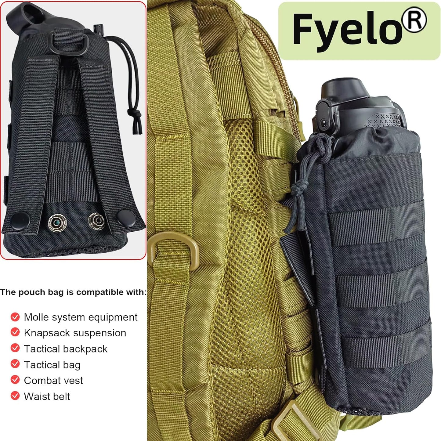Tactical MOLLE Bottle Pouch Bag, Travel/Sprots Molle Water Bottle Holder with Drawstring Open Top and Mesh Bottom