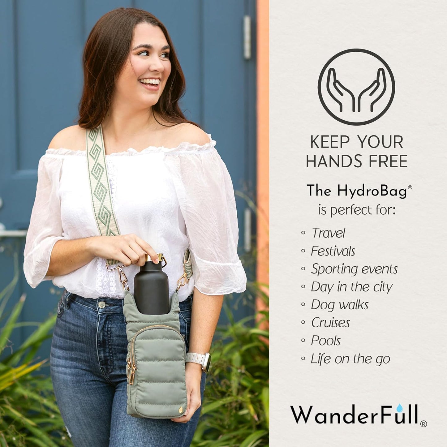 WanderFull Original HydroBag Fits Up to 32 oz Water Bottle Holder with Strap – Hands-Free Crossbody Water Bottle Carrier Bag with Phone Pocket - Colors B