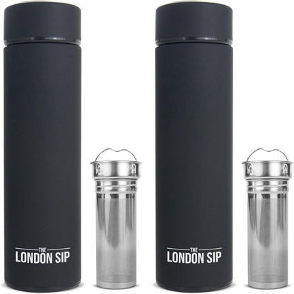 The London Sip Multi-Purpose Travel Mug and Tumbler Fruit Infused Flask Hot and Cold Double Wall Stainless Steel Thermos with Extra-Long Infuser, Purple
