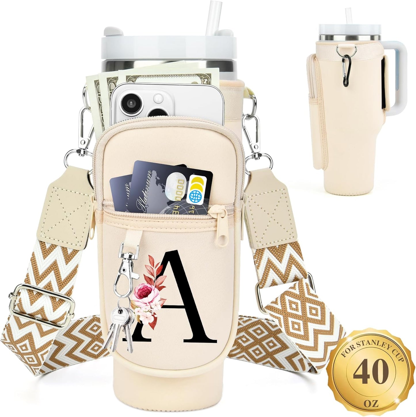LOKASS Personalized Water Bottle Holder with Strap for Stanley Cup Accessories 40 oz, Initial for Stanley Cup Holder Carrier Bag with Phone Pocket, Stylish Tumbler Accessories for Daily Use Hands-Free