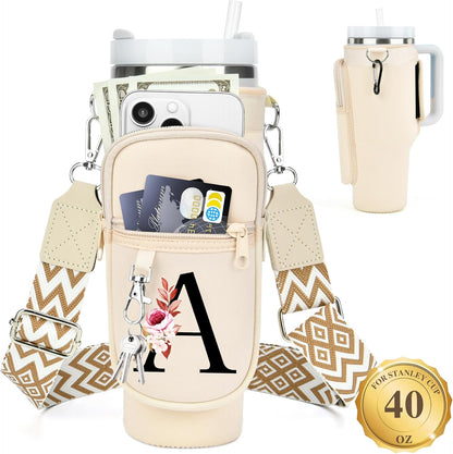 LOKASS Personalized Water Bottle Holder with Strap for Stanley Cup Accessories 40 oz, Initial for Stanley Cup Holder Carrier Bag with Phone Pocket, Stylish Tumbler Accessories for Daily Use Hands-Free
