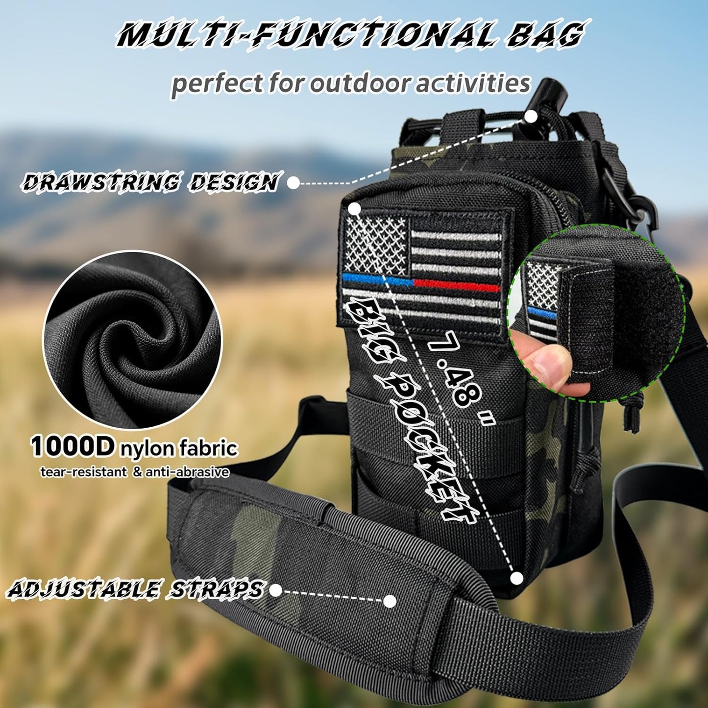 Water Bottle Holder with Strap - Tactical Insulated Water Bottle Sleeve with MOLLE System Water Bottle Cover Cross-Body Pouch for Walking Hiking Camping Gym 32oz&40oz