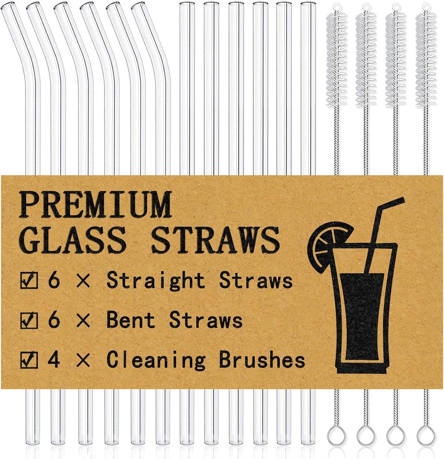 Piteno® 12Pcs Glass Straws with 4Pcs Brushes, Reusable Clear Glass Drinking Straws, 8.5''x10MM, Set of 6 Straight and 6 Bent with 4 Cleaning Brushes, Perfect for Smoothies, Milkshakes, Juice, Tea