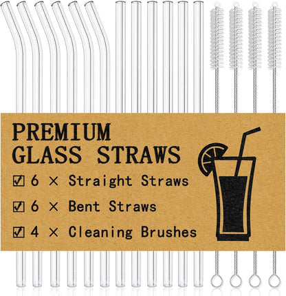 Piteno® 12Pcs Glass Straws with 4Pcs Brushes, Reusable Clear Glass Drinking Straws, 8.5''x10MM, Set of 6 Straight and 6 Bent with 4 Cleaning Brushes, Perfect for Smoothies, Milkshakes, Juice, Tea