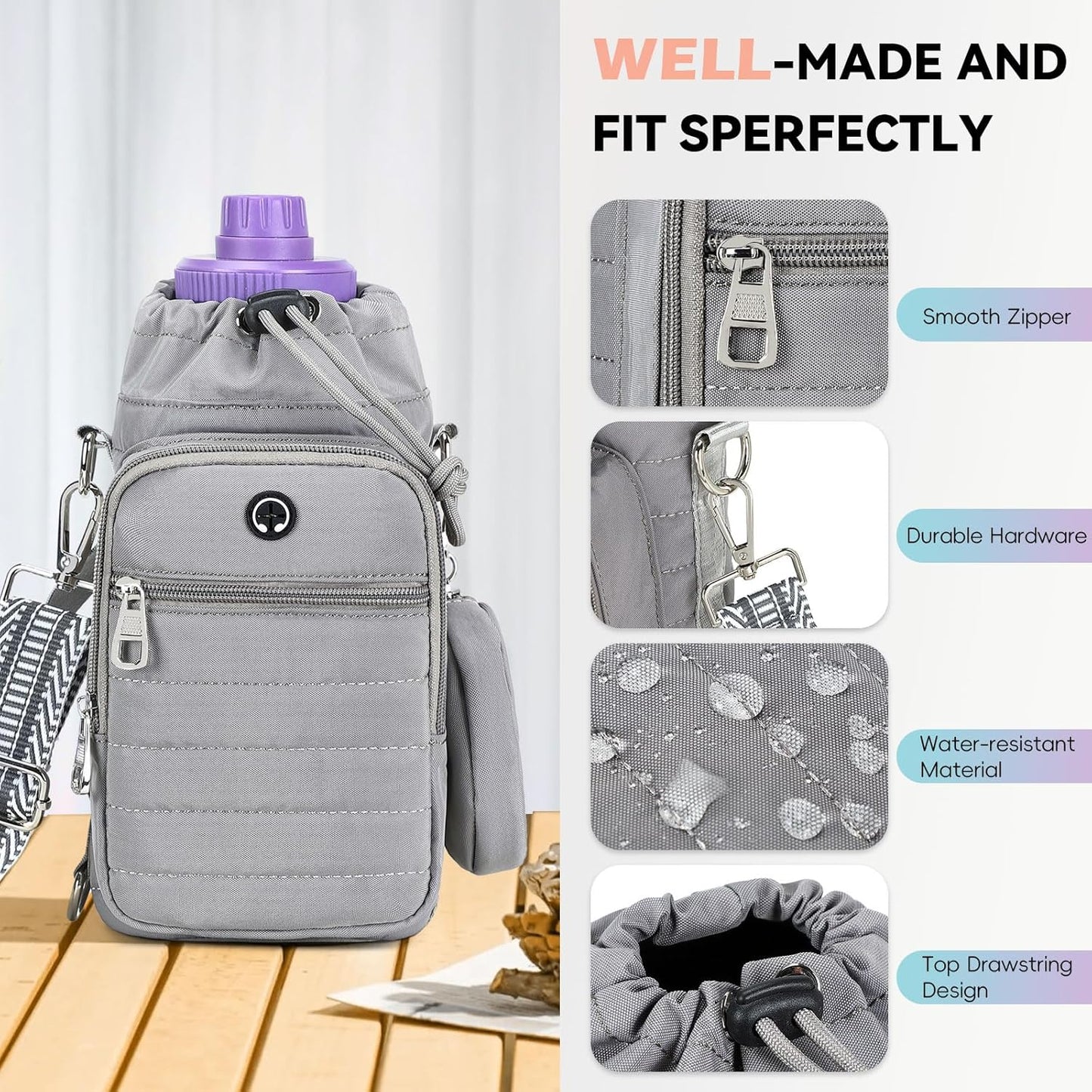 Water Bottle Carrier Bag with Strap, Sling Bag for Walking, Hiking, Cycling, Black, 40 Ounces