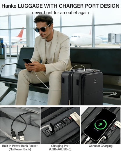 Hanke 20 Inch Expandable Carry On Luggage with Cup Holder 22x14x9 Airline Approved, Top Opening Hard Shell Suitcases with Wheels, Carry-On Travel Suitcase Trunk Luggage with Lock, Smoke White
