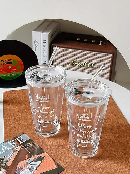 Olvini 15oz Glass Tumbler with Straw and Lid, Cute Iced Coffee Cups, Aesthetic Glass Cups, Coffee Tumbler, Water Cup, Matcha Cup, Drinking Glasses (Clear)