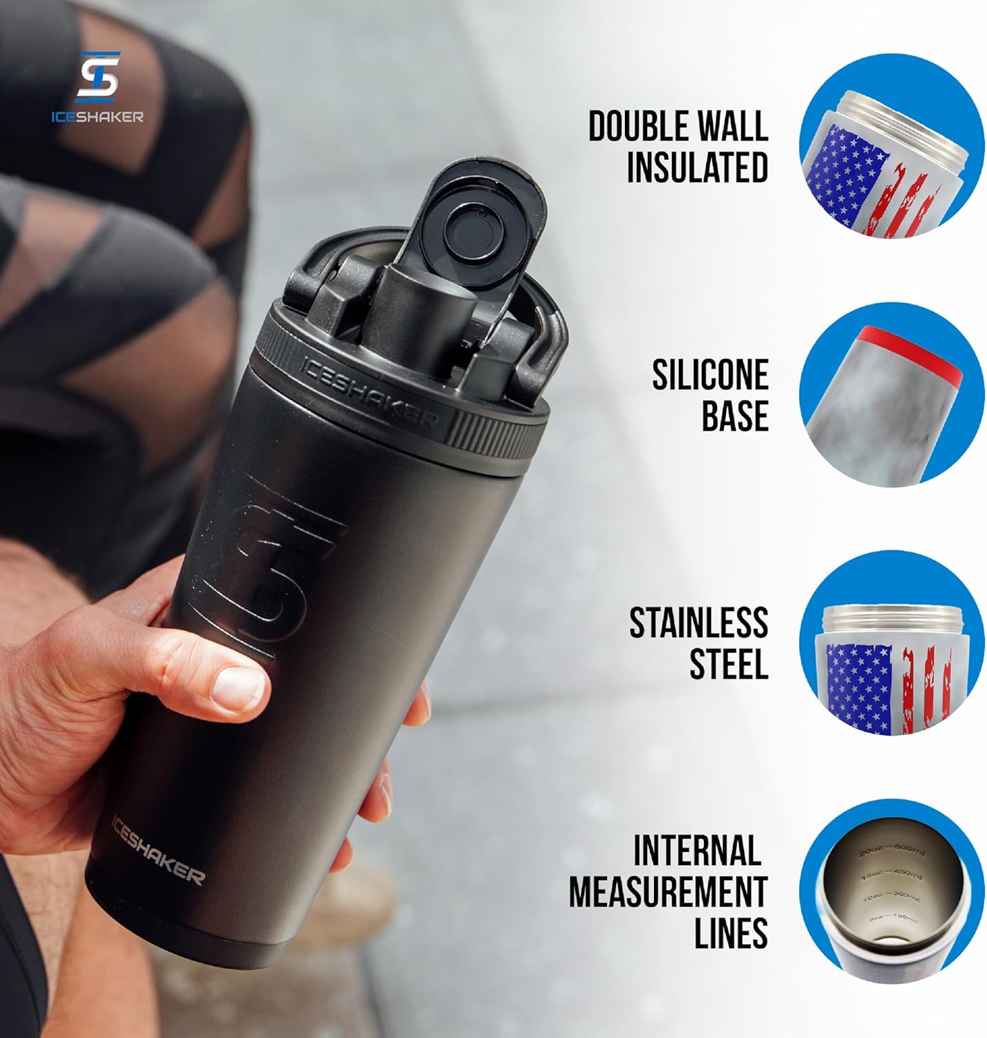 Ice Shaker Insulated Stainless Steel Shaker Bottle | 26oz, Bomber | Cold for 30+ Hours | Insulated Cup with Twist-on Agitator | Odor-Free Bottle for Protein Shakes, Water, Smoothies, Cocktails