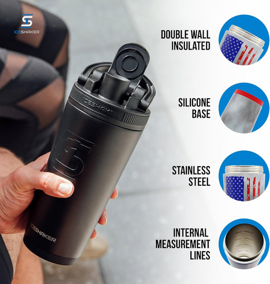 Ice Shaker Insulated Stainless Steel Shaker Bottle | 26oz, Bomber | Cold for 30+ Hours | Insulated Cup with Twist-on Agitator | Odor-Free Bottle for Protein Shakes, Water, Smoothies, Cocktails