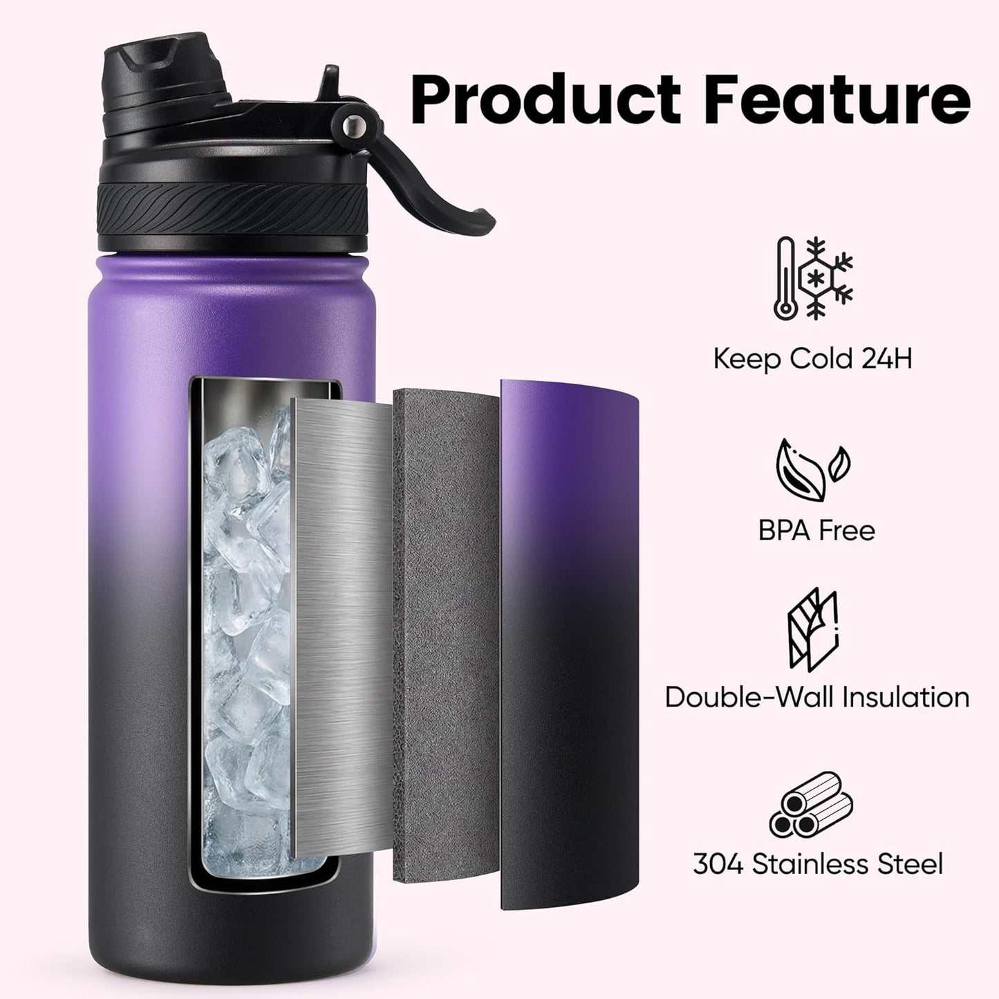 Fijinhom 18 oz Insulated Water Bottle, 2-in-1 Straw and Spout Lid Stainless Steel Thermos, Leak-Proof, Double Wall Vacuum Flask, Keep Cold 24H for Outdoor, Sports, Travel, School (Black)