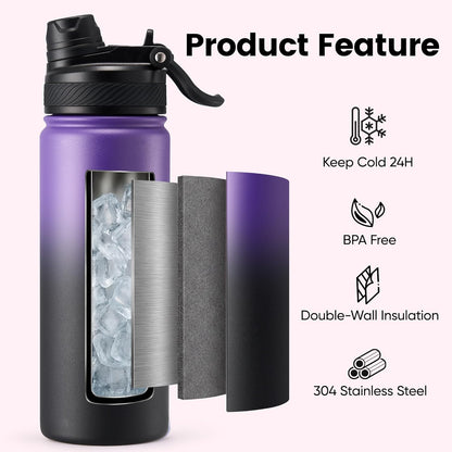 Fijinhom 18 oz Insulated Water Bottle, 2-in-1 Straw and Spout Lid Stainless Steel Thermos, Leak-Proof, Double Wall Vacuum Flask, Keep Cold 24H for Outdoor, Sports, Travel, School (Black)