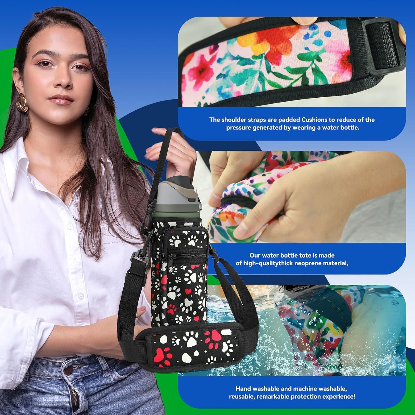Neoprene Water Bottle Holder Bag with Cell Phone Pocket Compatible with Owala FreeSip 24 oz，Water Bottle Carrying Bag ，with Adjustable Shoulder Strap,for 24oz Stainless Steel Water Bottle