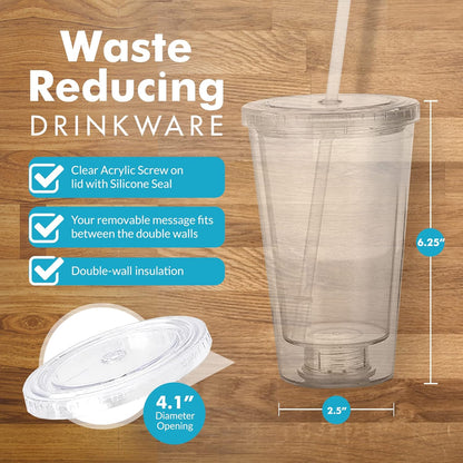 Simple Green Solutions - Customizable Paper Insert Acrylic Double Wall Cup for Cold Drinks, Clear Reusable Cups with Lids & Straws, Insulated Plastic Tumblers with Lids & Straw, Acrylic Tumblers, 16oz