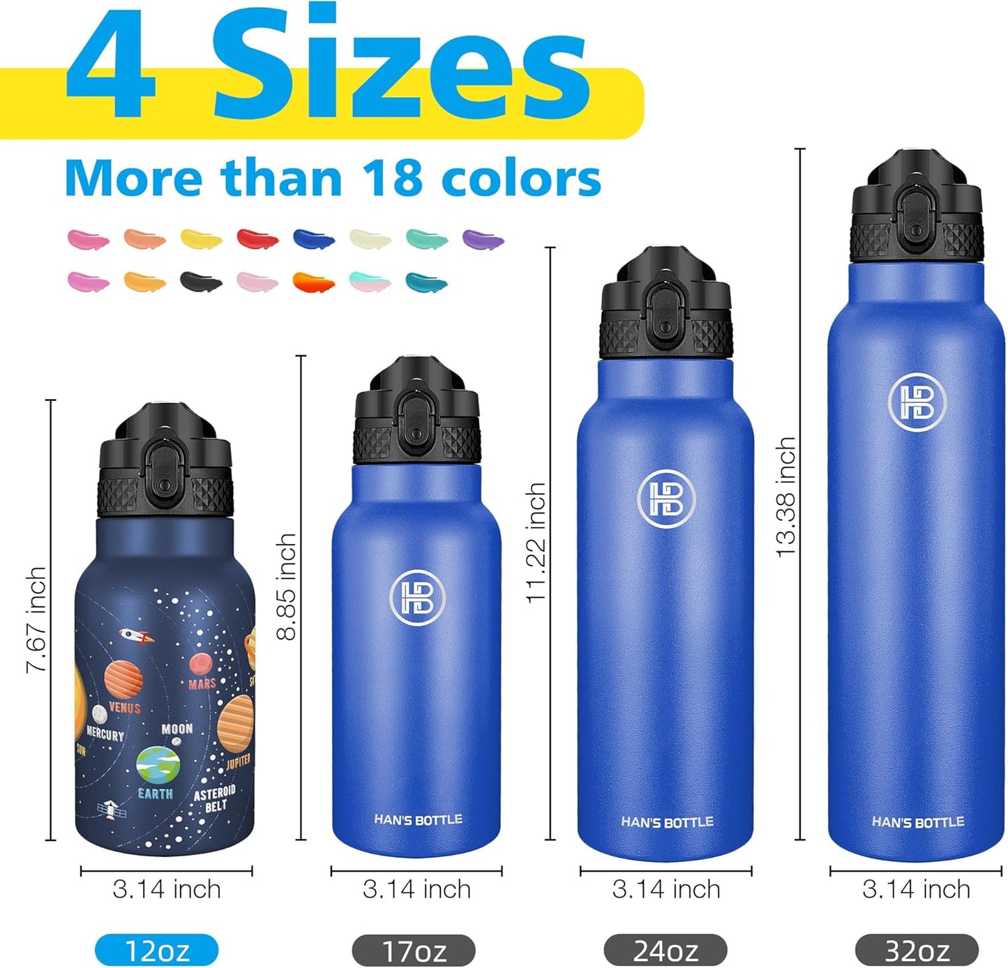 Han's Bottle Sports Water Bottle - 24 Oz, Straw Lid, Leak Proof, Vacuum Insulated Stainless Steel, Double Walled, Thermo Mug,Black