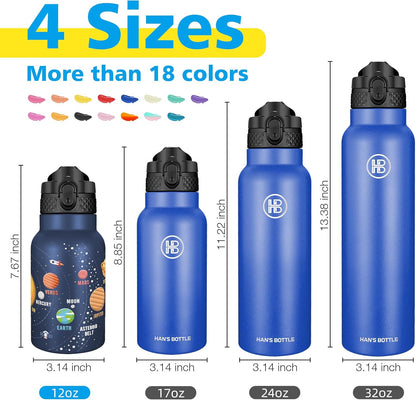 Han's Bottle Sports Water Bottle - 24 Oz, Straw Lid, Leak Proof, Vacuum Insulated Stainless Steel, Double Walled, Thermo Mug,Black