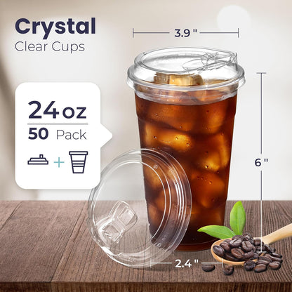 Fit Meal Prep 50 Pack 32 oz Clear Plastic Cups with Strawless Sip Lids, Disposable Plastic Coffee Cups with Lids, To Go Cups for Iced Coffee, Smoothies, Soda, Party Drinks, Bubble Tea, Cold Beverage