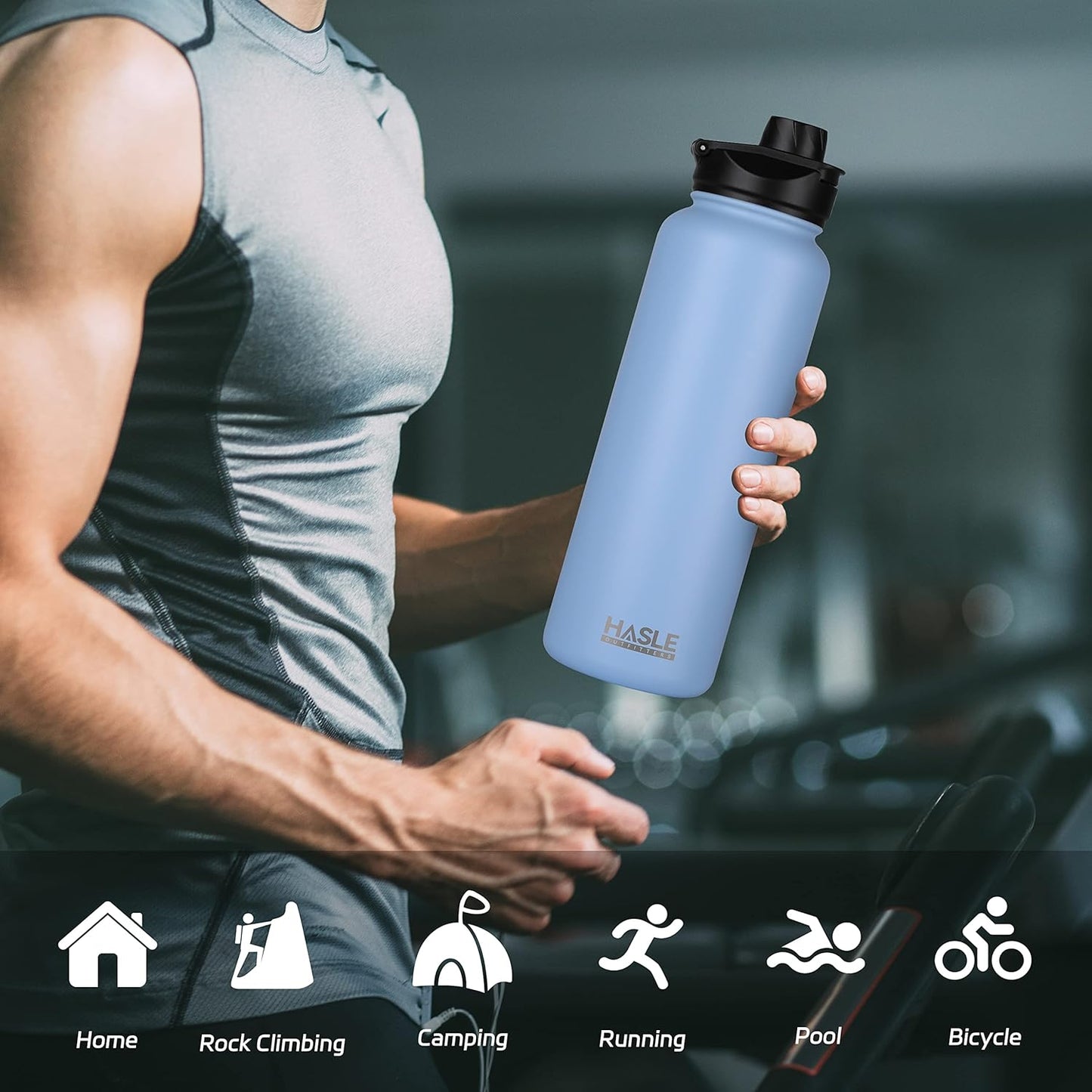 HASLE OUTFITTERS 32 oz Insulated Water Bottle Stainless Steel Double Walled Vacuum Sports Water Bottle with 2 Lids (Straw and Spout Lid) for Gym Camping Hiking(Black,1)