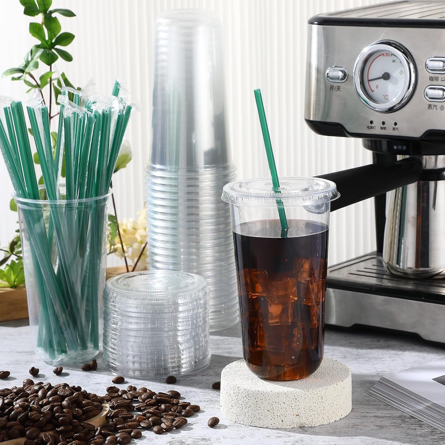Baderke 25 Set Plastic Cups with Lids and Straws, Disposable Plastic Iced Coffee Cup for Cold Beverage Juice Smoothie Crystal for Coffee Shops Party Catering(Clear,16 oz)