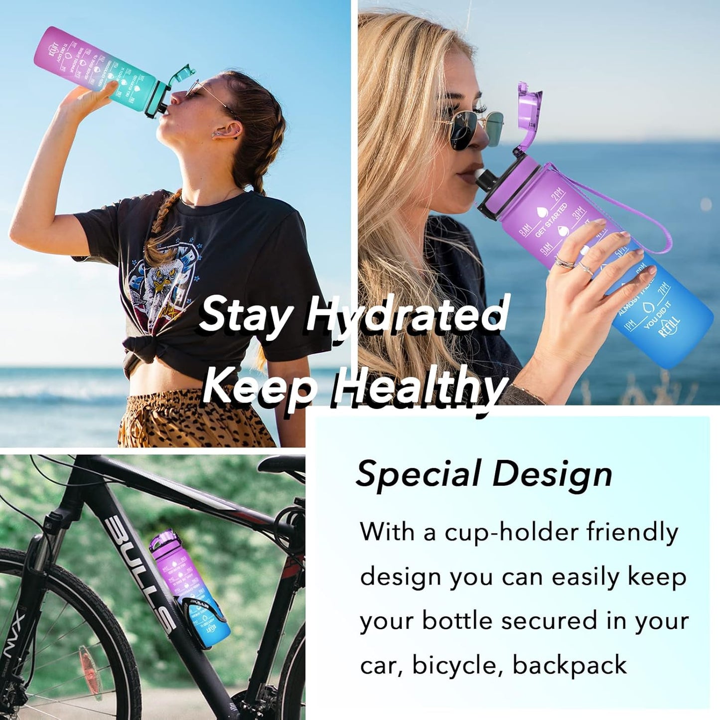 Enerbone Water Bottle, Leakproof BPA & Toxic Free, Motivational Water Bottle with Times to Drink and Straw, Fitness Sports Water Bottle with Strap for Office, Gym, Outdoor Sports