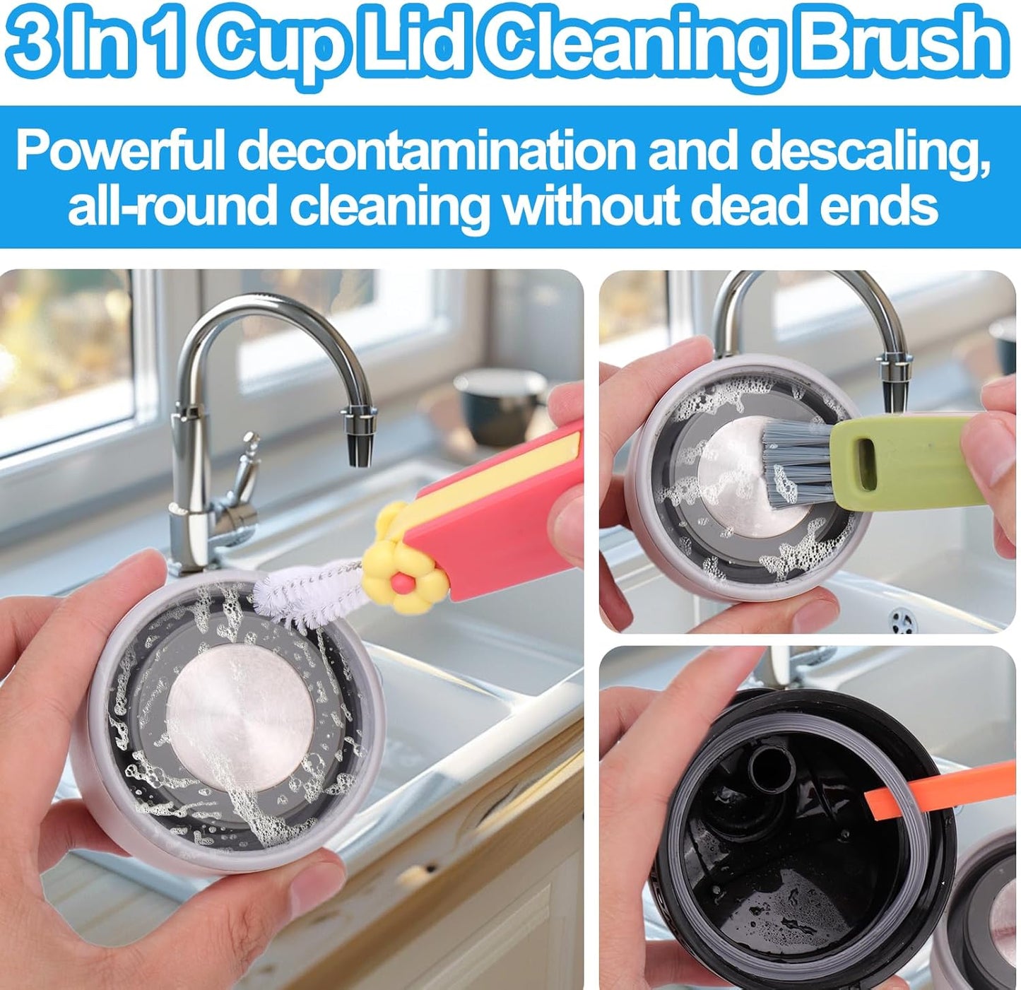 XANGNIER 4 in 1 Cup Lid Gap Cleaning Brush Set,Multifunctional Water Bottle Lid Cleaner Brush,3 Pack Water Bottle Crevice Cleaning Tool,Tumbler Lid Cleaner Brush for Stanley/YETI Cup,Kitchen Gadgets