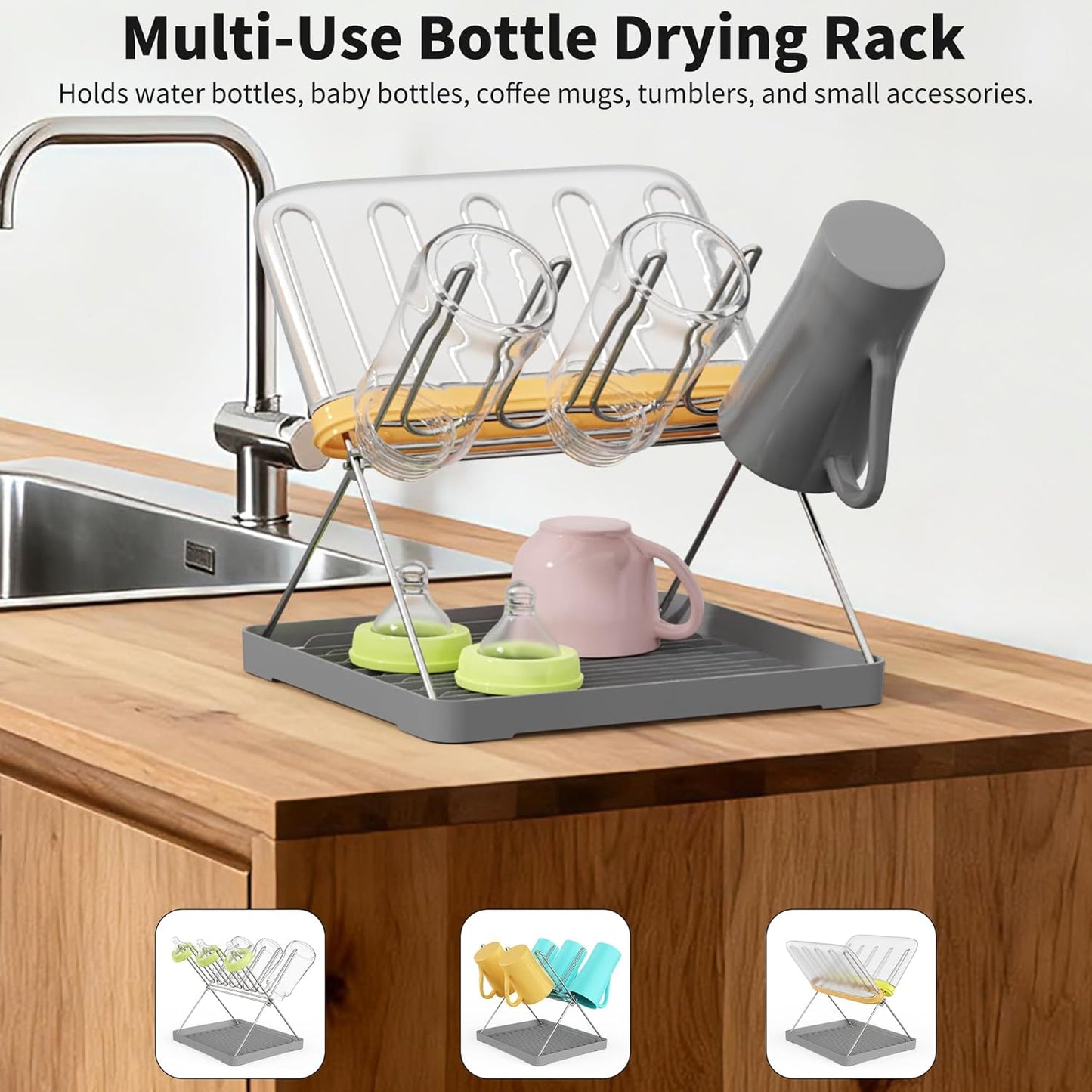 Bottle Drying Rack, Stainless Steel Foldable Water Bottle Drying Rack Organizer with Drain Tray for Baby Bottles, Cups, Mugs and Glass, Baby Bottles Dryer Countertop, Stainless Steel