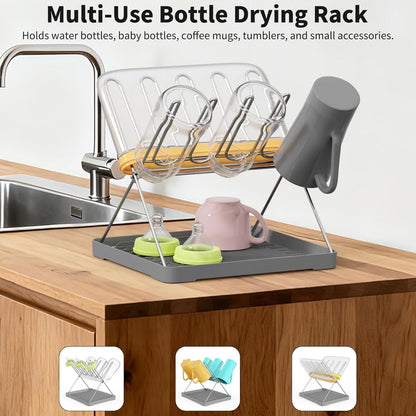 Bottle Drying Rack, Stainless Steel Foldable Water Bottle Drying Rack Organizer with Drain Tray for Baby Bottles, Cups, Mugs and Glass, Baby Bottles Dryer Countertop, Stainless Steel