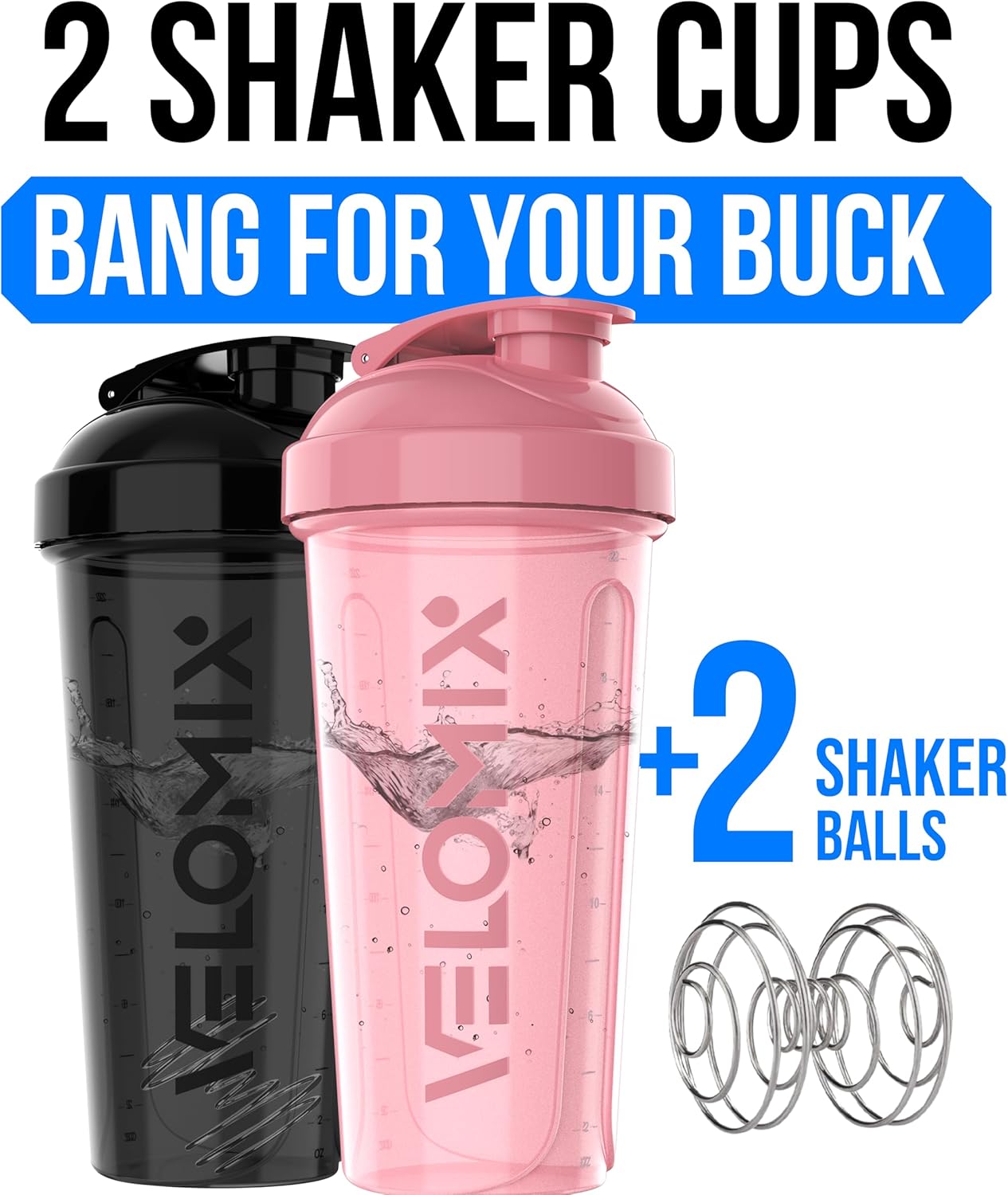VELOMIX -2 Pack- 28 oz Protein Shaker Bottles for Protein Mixes - 2x Wire Whisk | Leak Proof Shaker Cups for Protein Shakes | Protein Shaker Bottle Pack (Black/Transparent)
