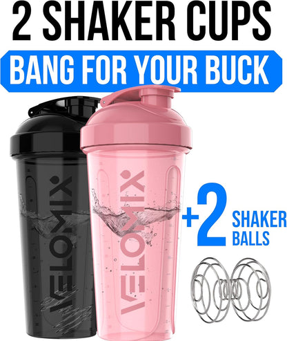 VELOMIX -2 Pack- 28 oz Protein Shaker Bottles for Protein Mixes - 2x Wire Whisk | Leak Proof Shaker Cups for Protein Shakes | Protein Shaker Bottle Pack (Black/Transparent)