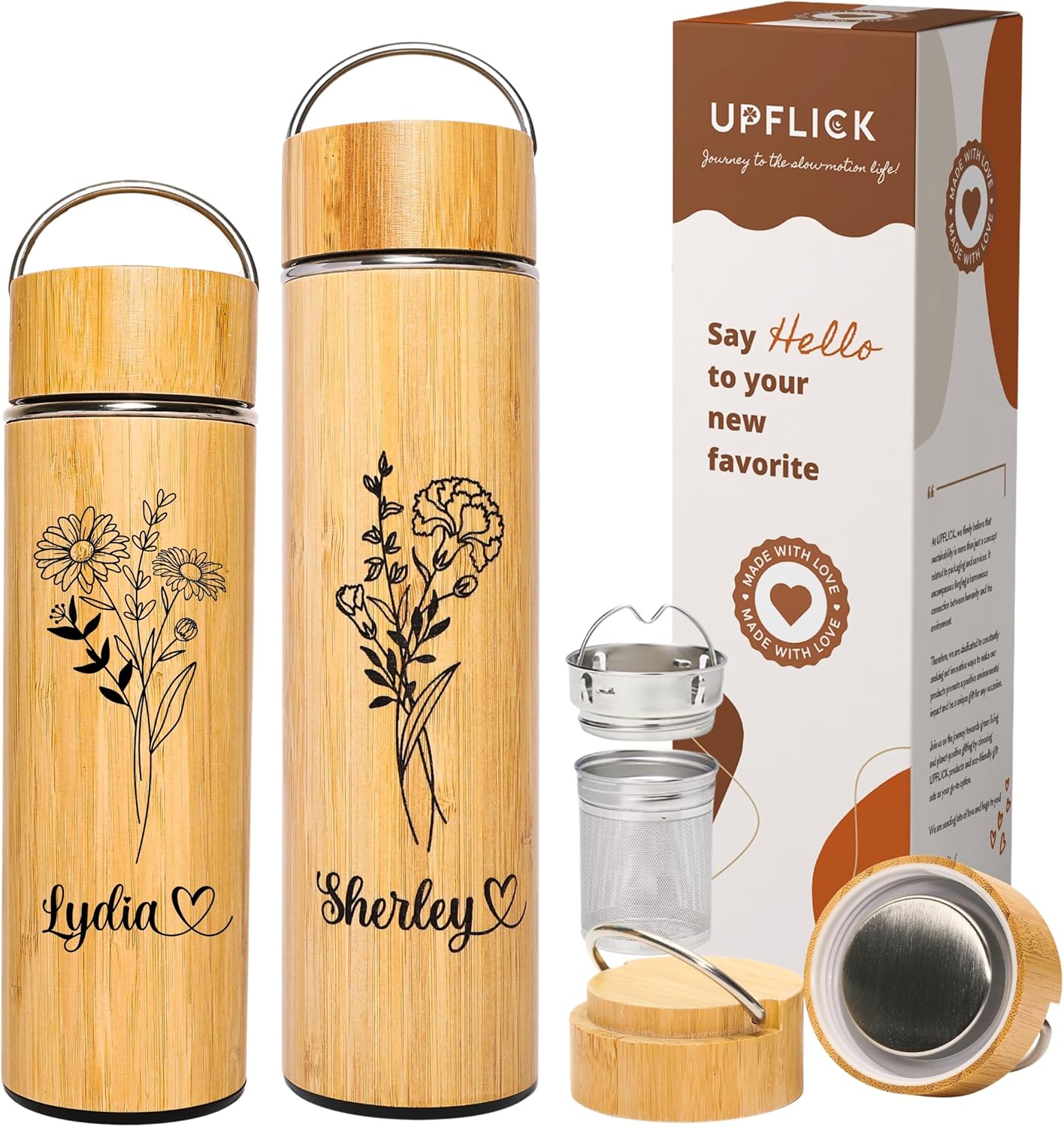 Bamboo Water Bottle Insulated Tea Tumbler for Men Birthday Gift, Women Travel Tea Set with Diffuser for Loose Tea Leaves, Stainless Steel Leak Proof Gift for Mom (15 oz)