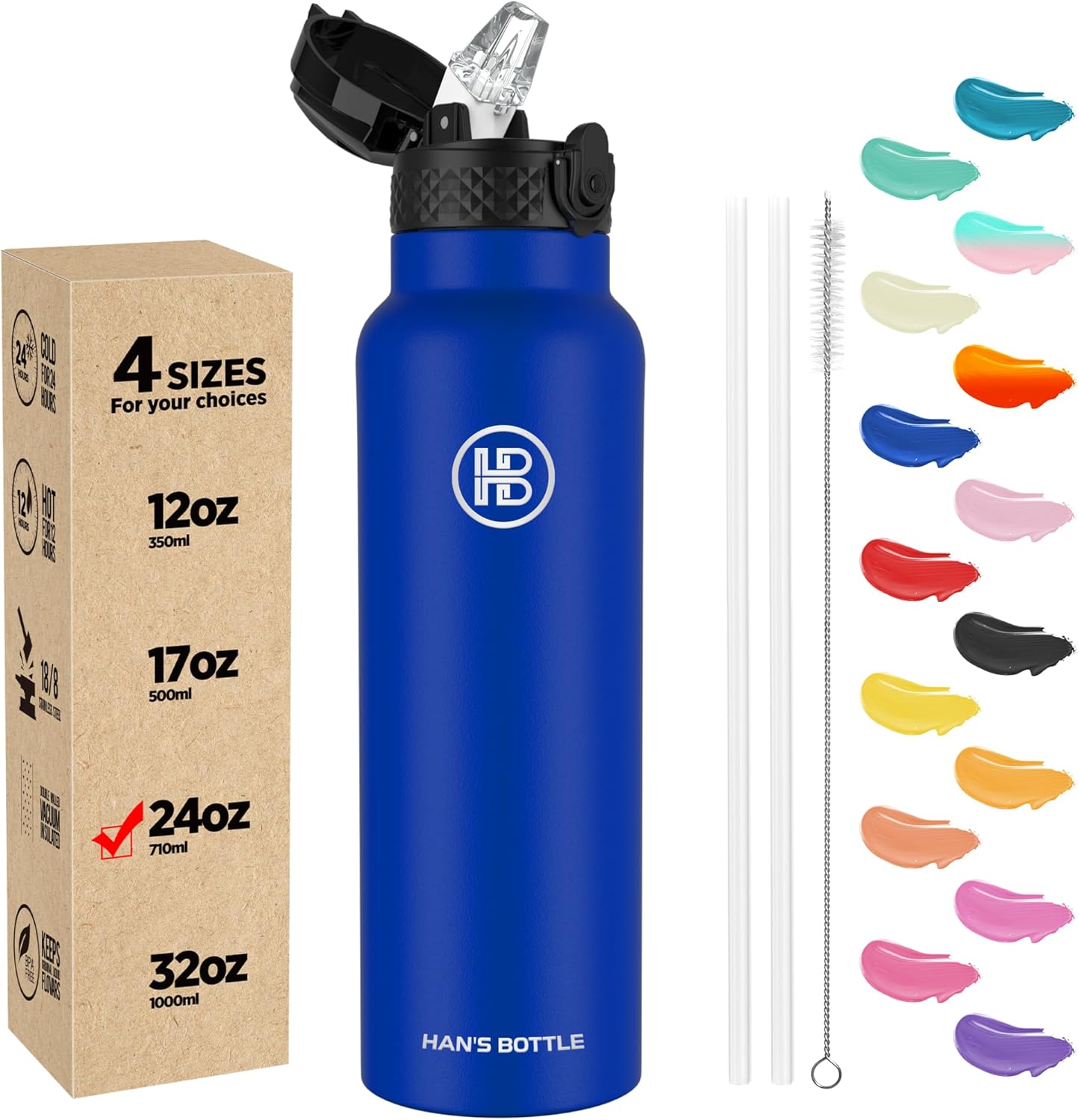 Han's Bottle Sports Water Bottle - 24 Oz, Straw Lid, Leak Proof, Vacuum Insulated Stainless Steel, Double Walled, Thermo Mug,Black