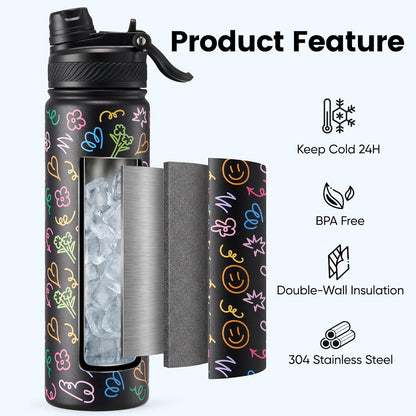 Fijinhom 18 oz Insulated Water Bottle, 2-in-1 Straw and Spout Lid Stainless Steel Thermos, Leak-Proof, Double Wall Vacuum Flask, Keep Cold 24H for Outdoor, Sports, Travel, School (Black)