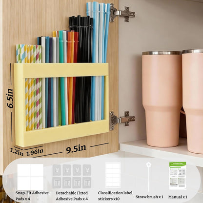 9.5” Large Acrylic Straw Holder for Cabinet Door with Detachable Ultra Sticky Adhesive Squares and Stickers, 2026 Reusable Straws Organizer Storage Dispenser for Kitchen Counter Cupboard