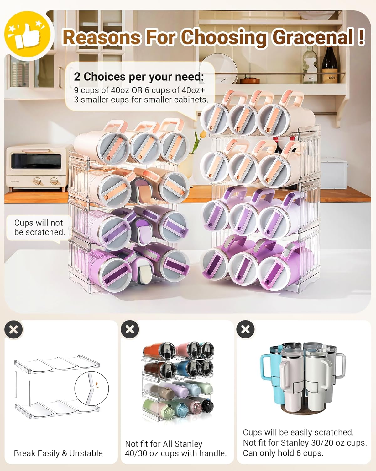 Gracenal Large Tumbler Organizer for Stanley Cup 40 oz, Patented Kitchen Pantry Organizers and Storage for Stanley Cup Accessories, Stackable Water Bottle Organizer Holder Gifts 4Pack Large-12-bottle