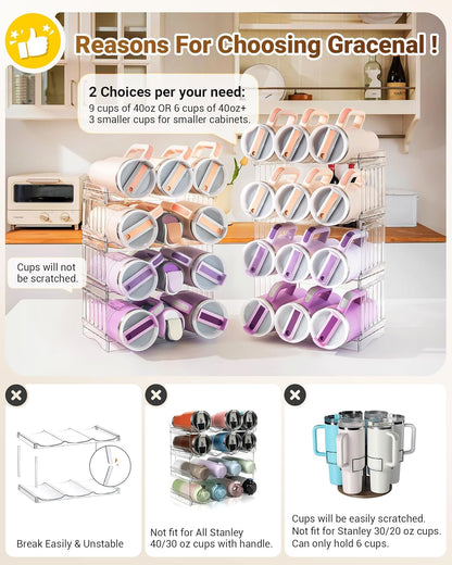 Gracenal Large Tumbler Organizer for Stanley Cup 40 oz, Patented Kitchen Pantry Organizers and Storage for Stanley Cup Accessories, Stackable Water Bottle Organizer Holder Gifts 4Pack Large-12-bottle