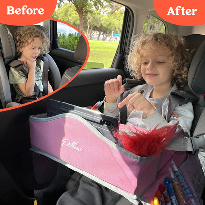 PILLANI Kids Travel Tray for Car - Car Seat Tray with Activity Sheets & Pens, Road Trip Essentials for Car & Airplane, Must Have Toddler Travel Lap Desk Accessories - Road Trip Activities for Kids