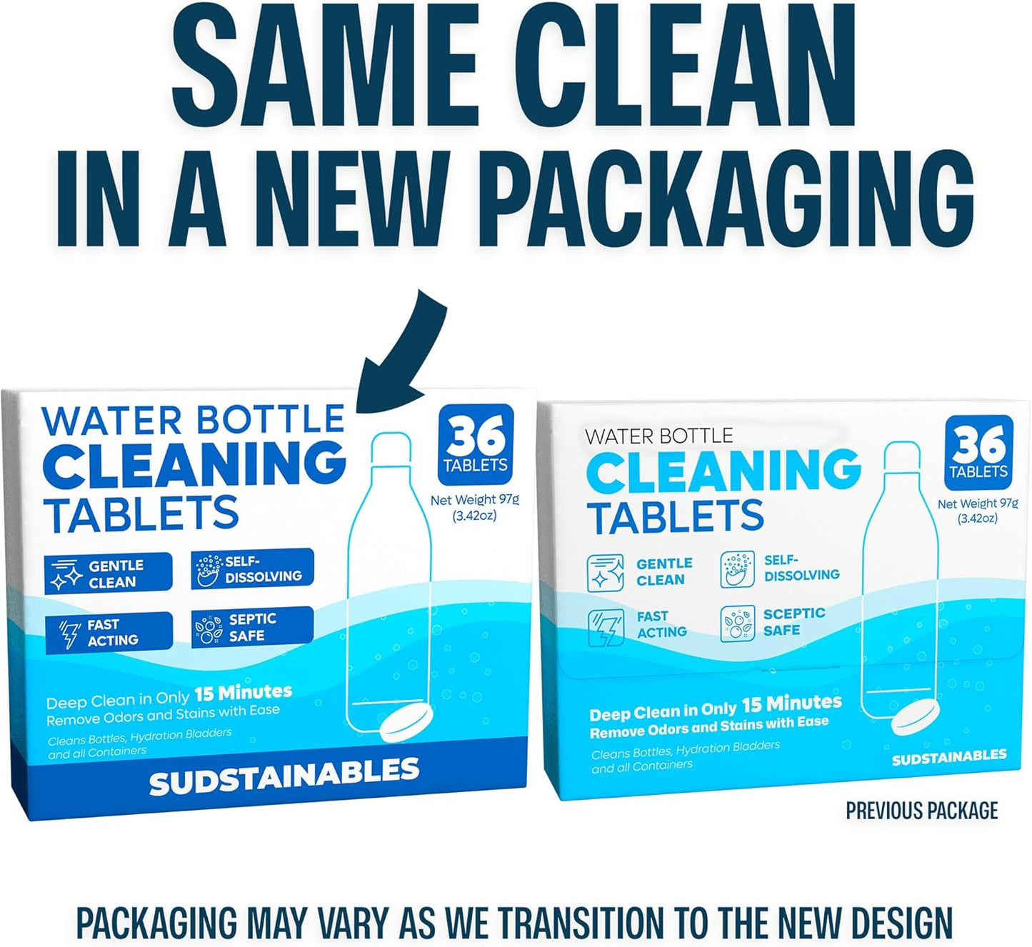 Sudstainables Water Bottle Cleaning Tablets – 36-Pack | Chlorine-Free & Odor-Control Formula | Water Bottle Cleaner, Flasks, Hydration Packs & Travel Mugs | Washer Tablets for Home, Hiking & Camping