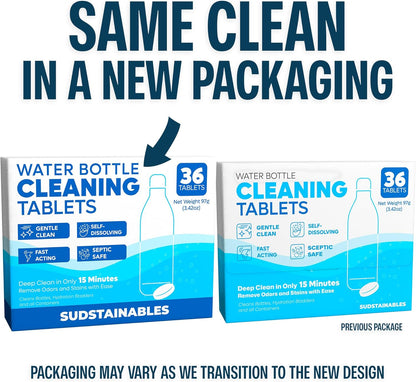 Sudstainables Water Bottle Cleaning Tablets – 36-Pack | Chlorine-Free & Odor-Control Formula | Water Bottle Cleaner, Flasks, Hydration Packs & Travel Mugs | Washer Tablets for Home, Hiking & Camping