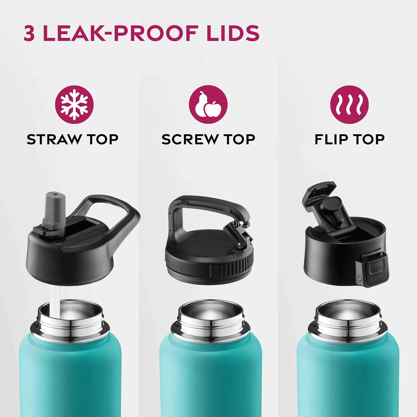 FineDine Water Bottle - Stainless Steel Insulated Water Bottle with Straw Lid, Flip Lid & Wide-Mouth Cap - Keeps Hot and Cold - 25 Oz / 739ml - Dreamy Purple