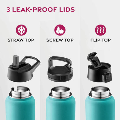 FineDine Water Bottle - Stainless Steel Insulated Water Bottle with Straw Lid, Flip Lid & Wide-Mouth Cap - Keeps Hot and Cold - 25 Oz / 739ml - Dreamy Purple